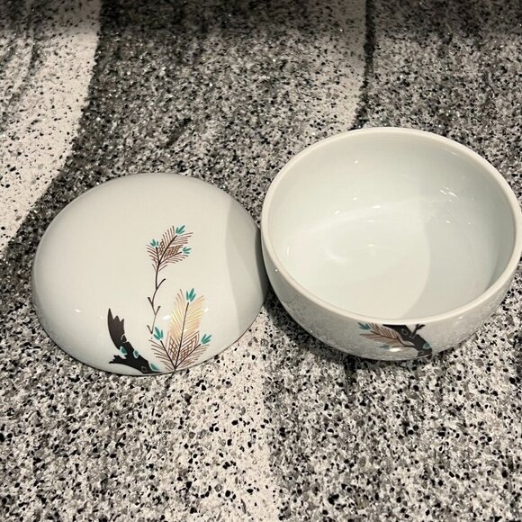 Fukagawa Porcelain Trinket Jar w Lid Storage Container Japan Teal Gold Vintage - Picture 4 of 6